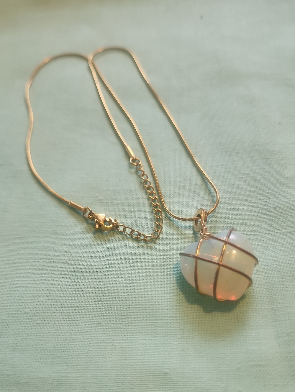 Gold-Tone Wire Wrapped Moonstone  Heart Crystal Pendant Necklace - Opalescent